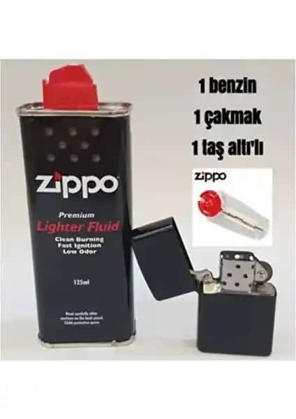 Zippo Siyah Benzinli Çakmak ve Taşı Seti - Dayanıklı ve Şık Tasarım