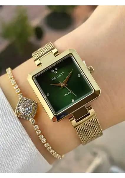 Ferrucci Hasır Kordon Yeşil Kadın Saat ve Bileklik Seti Günlük ve Özel Kullanım İçin