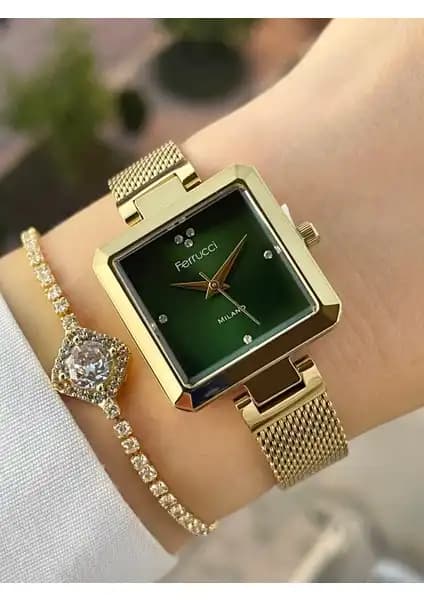 Ferrucci Hasır Kordon Yeşil Kadın Saat ve Bileklik Seti Günlük ve Özel Kullanım İçin