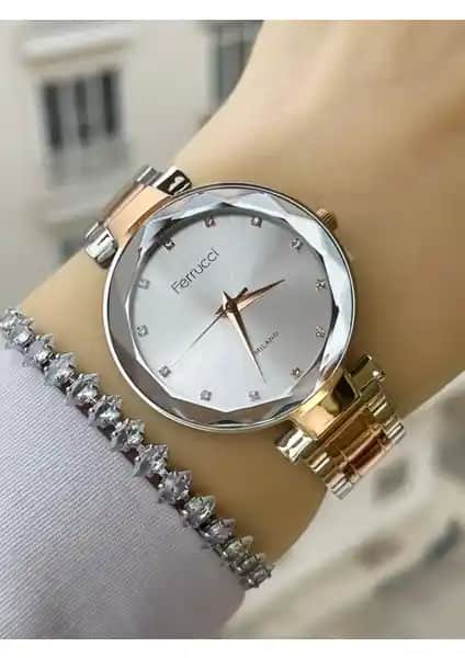 Ferrucci Kesme Camlı Kadın Kol Saati ve Bileklik Seti Günlük ve Özel Kullanım İçin
