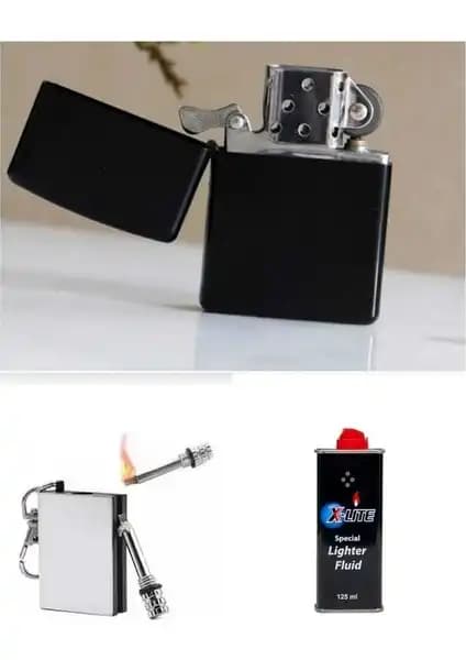 İndirim Center Siyah Benzinli Çakmak ve Aksesuarlar Seti Güvenli ve Dayanıklı Tasarım