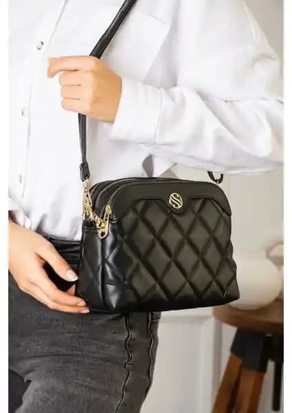 Lifonbag Kadın Siyah 4 Bölmeli Kapitone Suni Deri Omuz Çantası Günlük Şıklık İçin Uygun