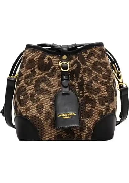 Love Home Retro Çapraz Askılı Kova Çanta Siyah Leopar Detaylı Günlük Kullanım İçin