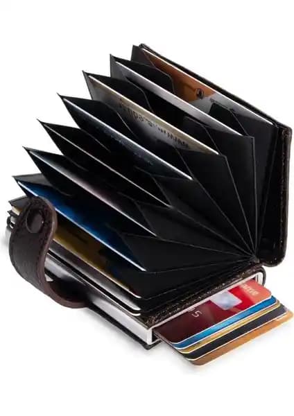 Anı Yüzük Otomatik Mekanizmalı Kahverengi Akordiyon Kartlıklı Deri Cüzdan