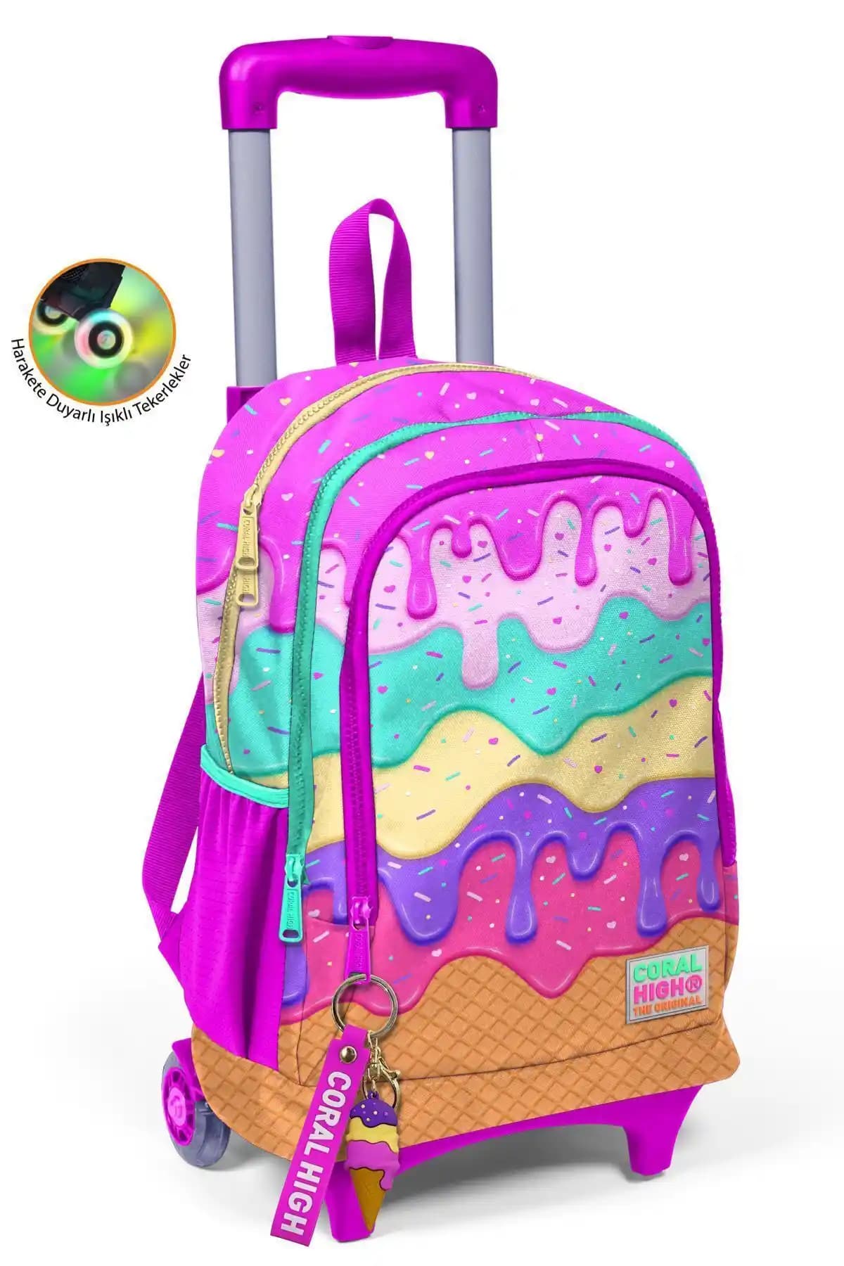 Coral High Kids Pembe Dondurma Desenli Üç Bölmeli Çekçekli Okul Sırt Çantası