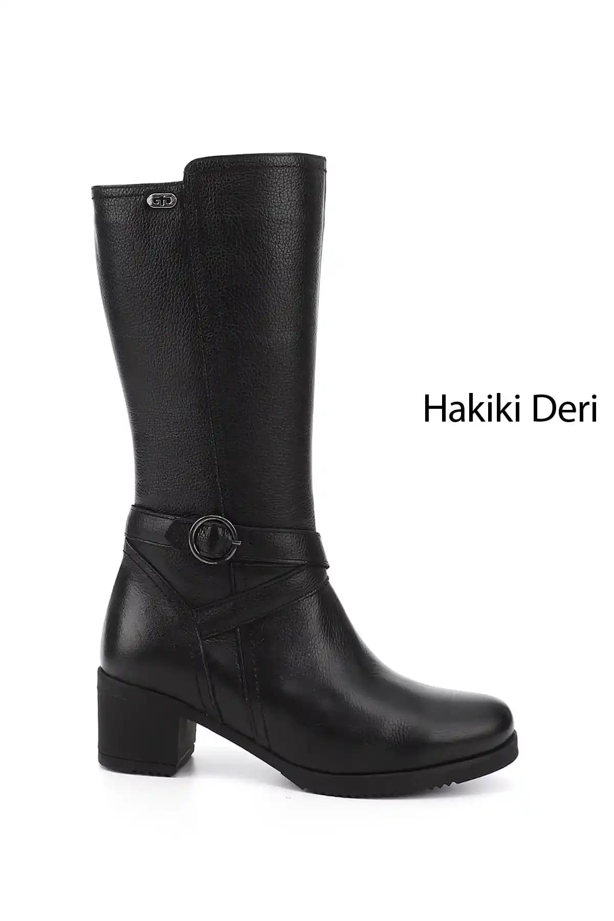 GÖNDERİ Kadın Siyah Floter Fermuarlı Kalın Topuklu Hakiki Deri Çizme Rahatlığı ve Şıklığı