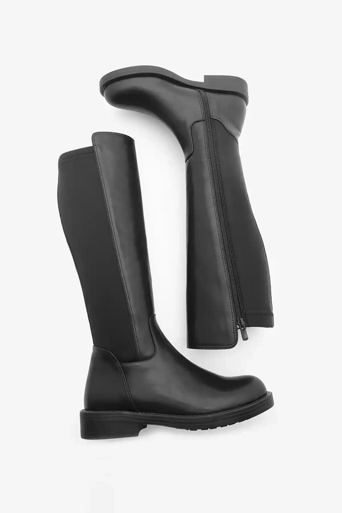 Marjin Kadın Günlük Lastikli Streç Dizaltı Siyah Çizme – Konfor ve Şıklık