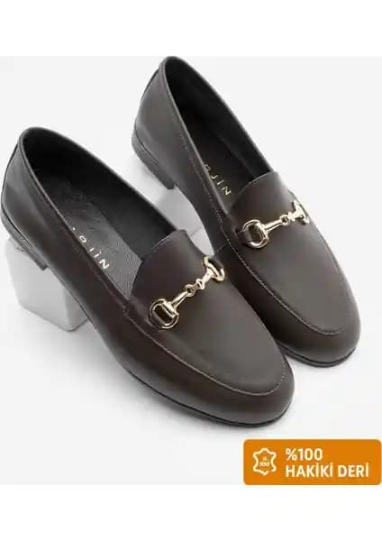 Marjin Kadın Hakiki Deri Zincirli Loafer Günlük Ayakkabı Tanle Kahve Modeli