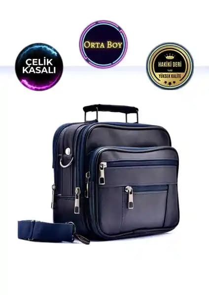 Cüzcan Erkek Lacivert Hakiki Deri Orta Boy Çelik Kasalı Günlük Kullanım Çantası