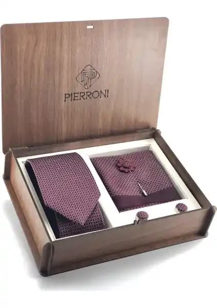 Pierroni Bordo Kravat 4'lü Set Ahşap Kutu ile Şıklık ve Zarafetin Birleşimi
