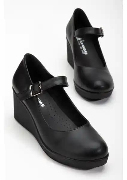 Dilimler Ayakkabı Baretli Siyah Kadın Dolgu Taban Ayakkabı Günlük Kullanım İçin Uygun