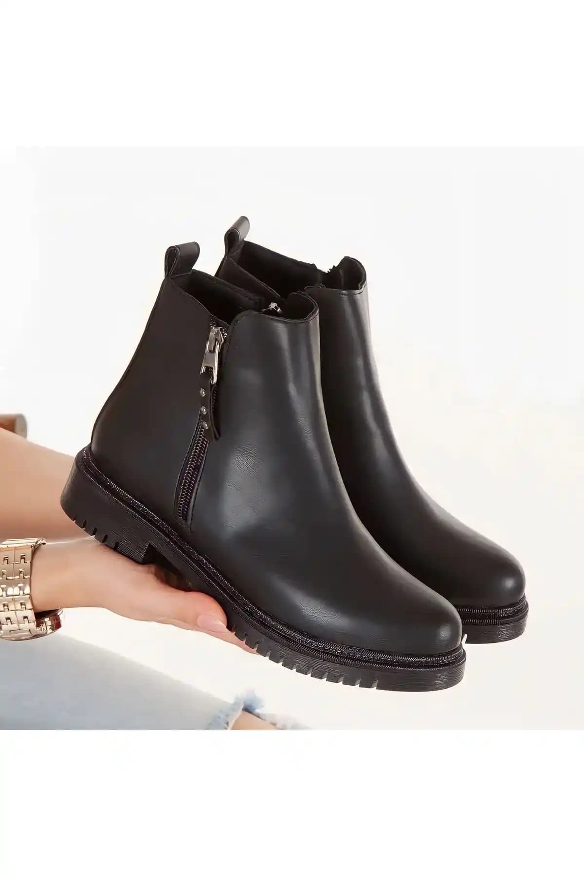Elmando Günlük Kadın Siyah Cilt Bot Çift Fermuarlı - Şık ve Rahat Günlük Kullanım İçin