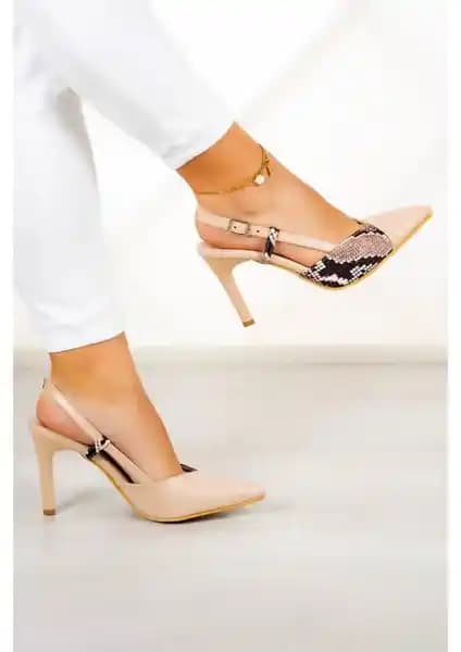 Erkan Saçmacı Sacha Ten Vegan Yılan Desenli Arkası Açık Stiletto Kadınlar İçin Şık ve Konforlu Ayakkabı