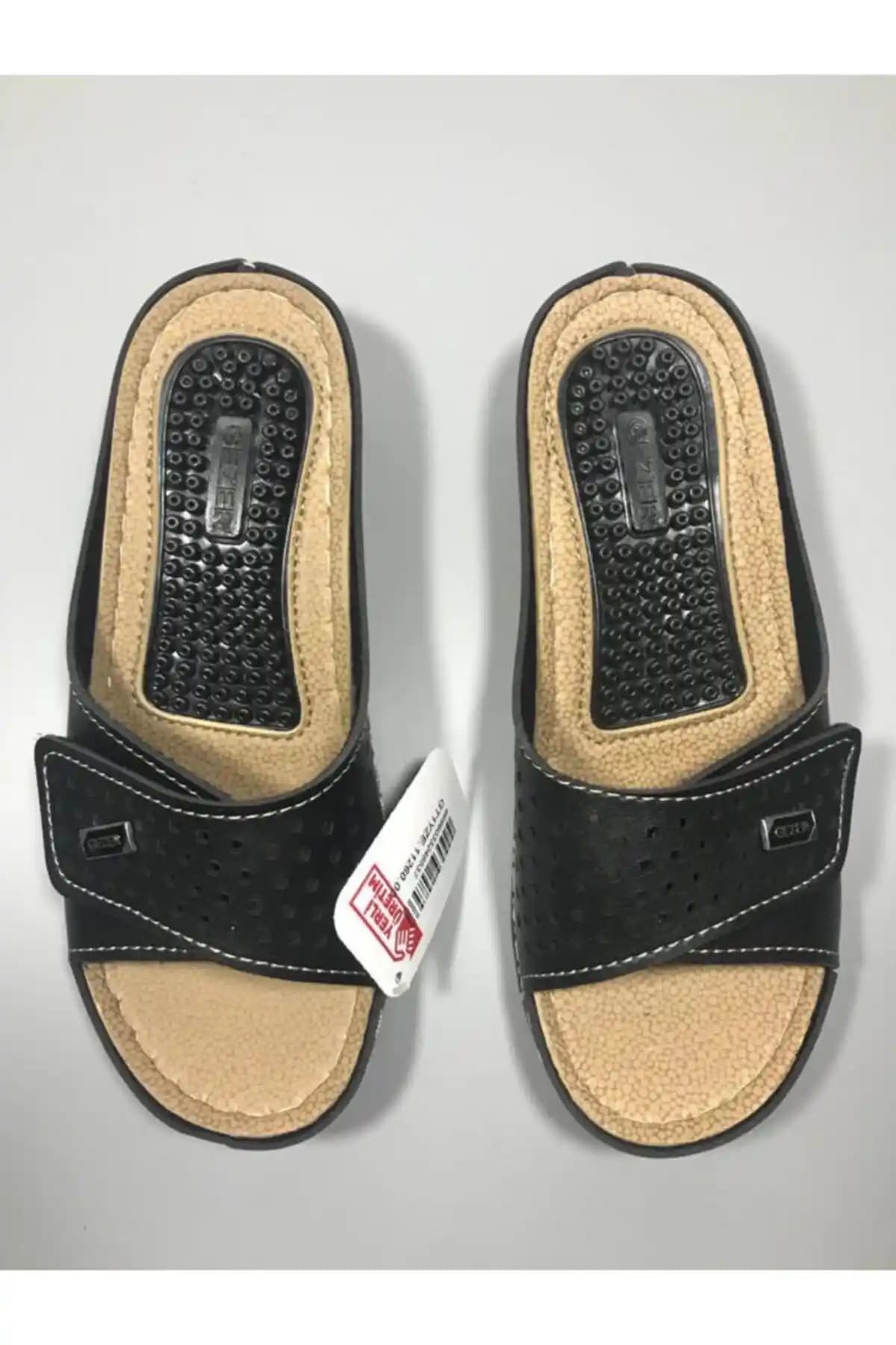 Gezer Kadın Siyah Masaj Tabanlı Ayarlanabilir Cırtlı Terlik - Günlük ve Plaj Kullanımı İçin