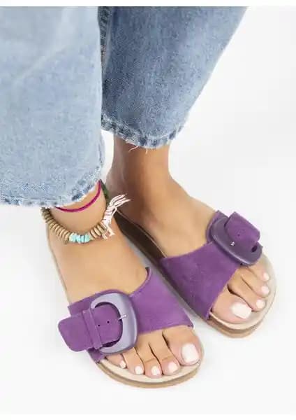 Manijero Alandra Hakiki Deri Mor Kadın Terlikleri Şıklık ve Konfor Sunar