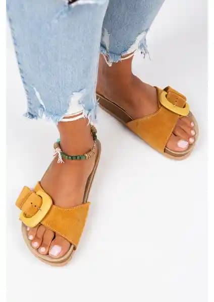 Manijero Alandra Kadın Hakiki Deri Hardal Tek Bant Terlik Günlük Kullanım İçin Uygun
