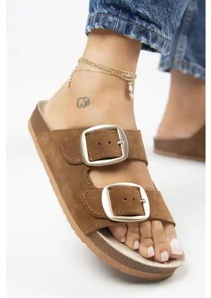Manijero Irene Hakiki Deri Çift Tokalı Taba Terlik: Şıklık ve Konforun Birleşimi