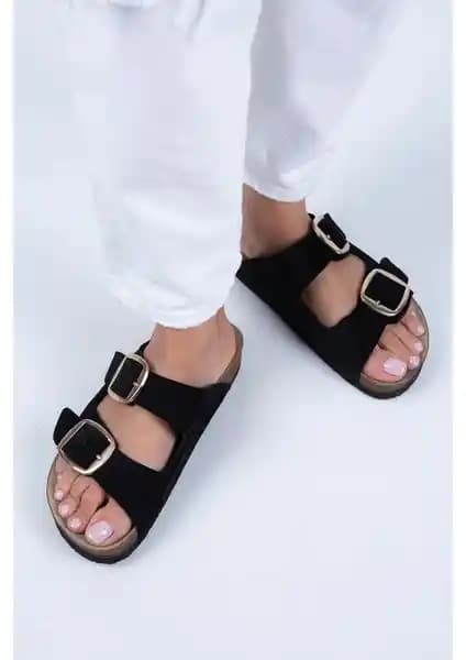 Manijero Irene Kadın Siyah Süet Deri Çift Tokalı Terlik Modern ve Şık Tasarım