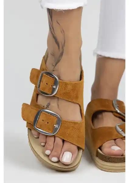 Manijero Selina Kadın Deri Çift Tokalı Taba Gümüş Terlik Şıklık ve Konfor Bir Arada