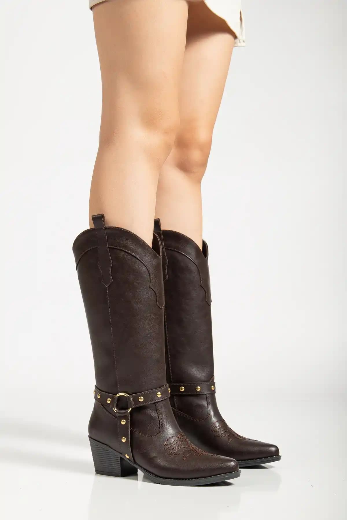 MS SUGAR SHOES Kadın Trok Detaylı Nakışlı Western Kovboy Çizme Günlük Kullanım İçin