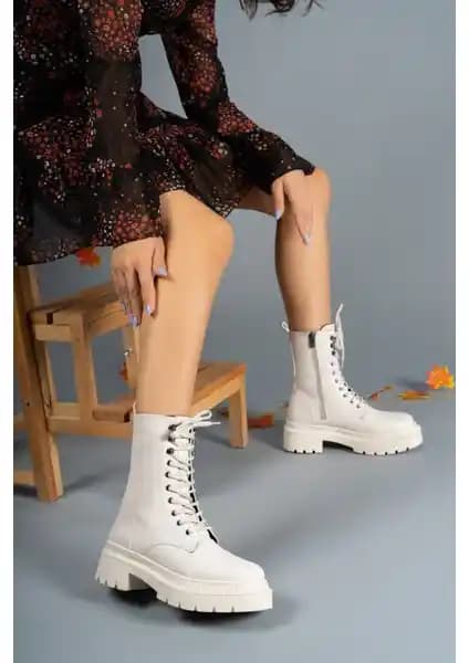 Riccon Kadın Bej Suni Deri Fermuarlı Ortopedik Bot Günlük Kullanım İçin