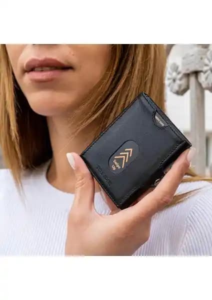 Trusador Valencia Siyah Hakiki Deri RFID Korumalı Mini Cüzdan Günlük Kullanım İçin