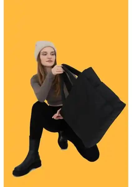 Woys Bags Lula Siyah Kabartmalı Puf Kumaş Shopper Çanta Günlük Kullanım İçin Şık ve Fonksiyonel Tasarım