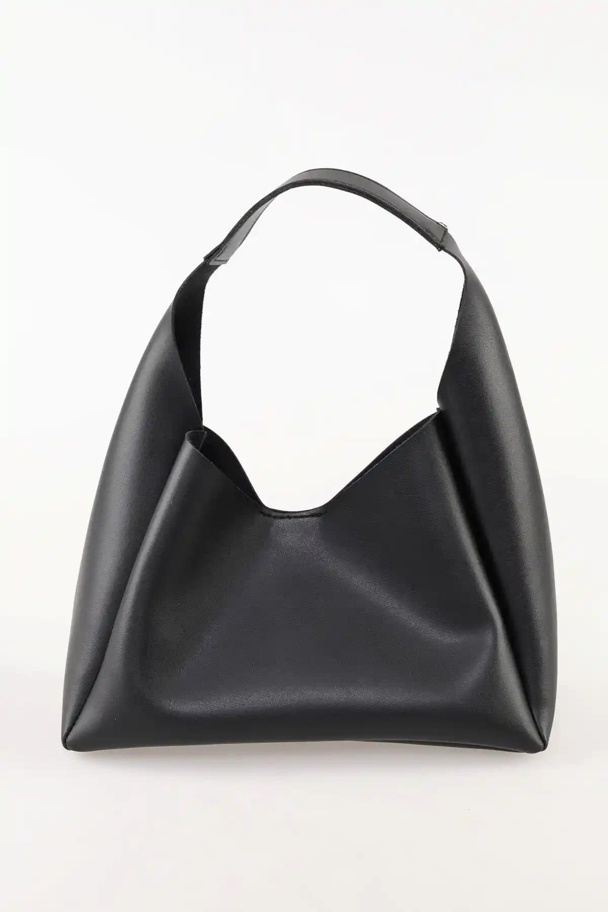 Bag&More Siyah Trend Dokulu Deri İçi Süet Çıtçıt ve Fermuar Kaplama Orta Boy Çanta