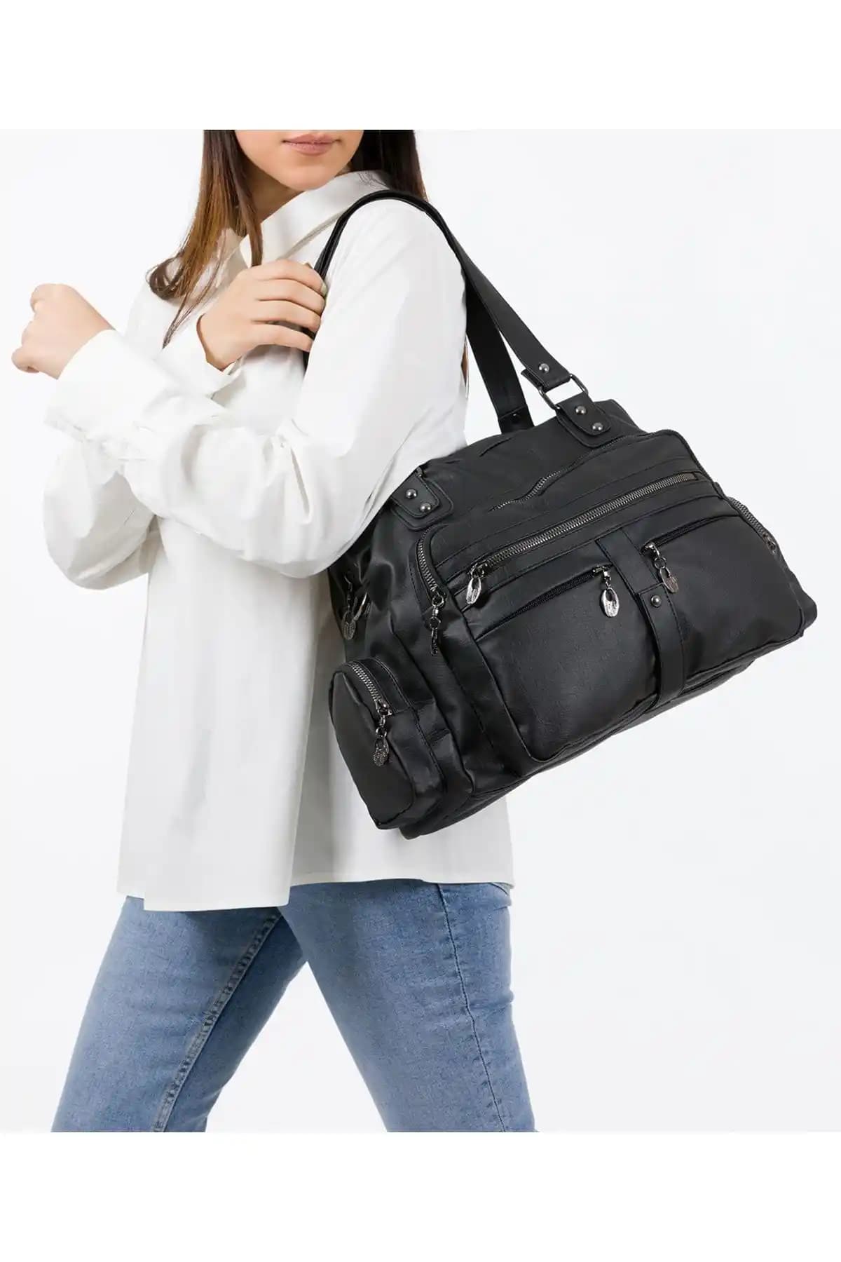 BAGzy Kadın Siyah Yıkama Deri Çok Gözlü Omuz ve Kol Çantası Günlük ve Özel Kullanım İçin