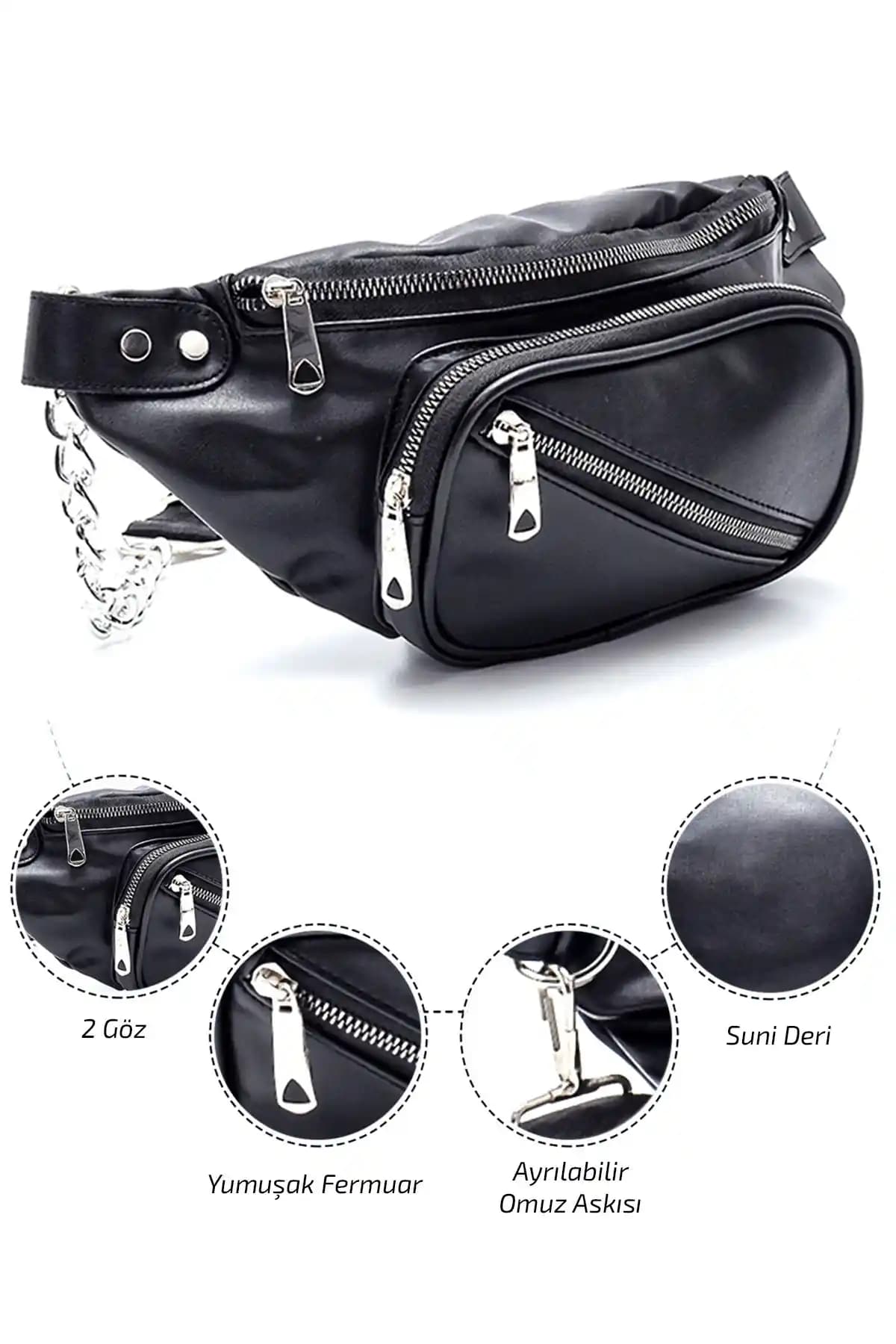 Ecrou Kadın Zincirli Bel Seyahat Çantası Siyah Şık ve Pratik Günlük Aksesuar