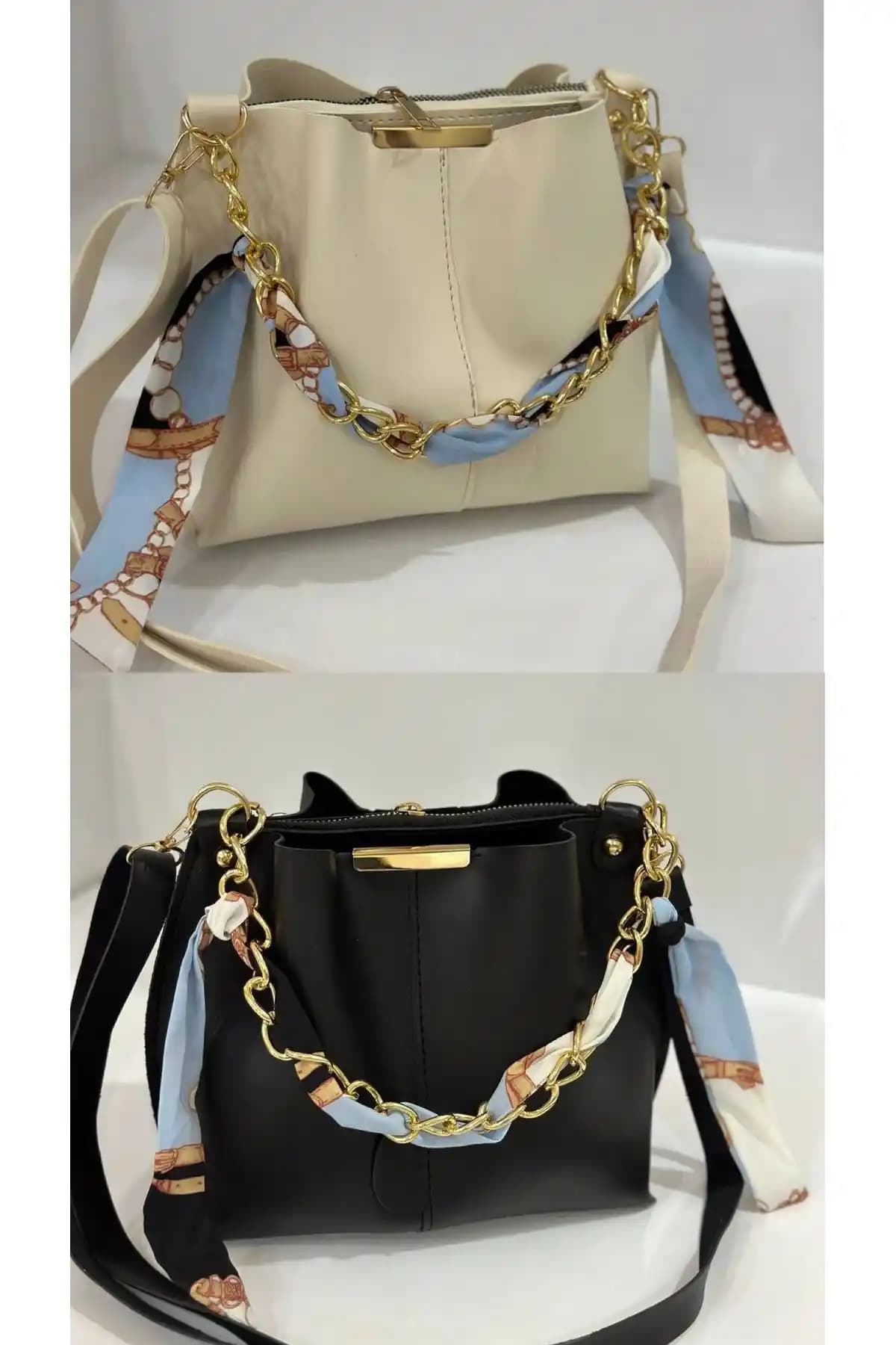 ESTUTE Kadın 2'li Paket Fularlı Zincir Aksesuarlı Yumuşak Deri Çanta Seti