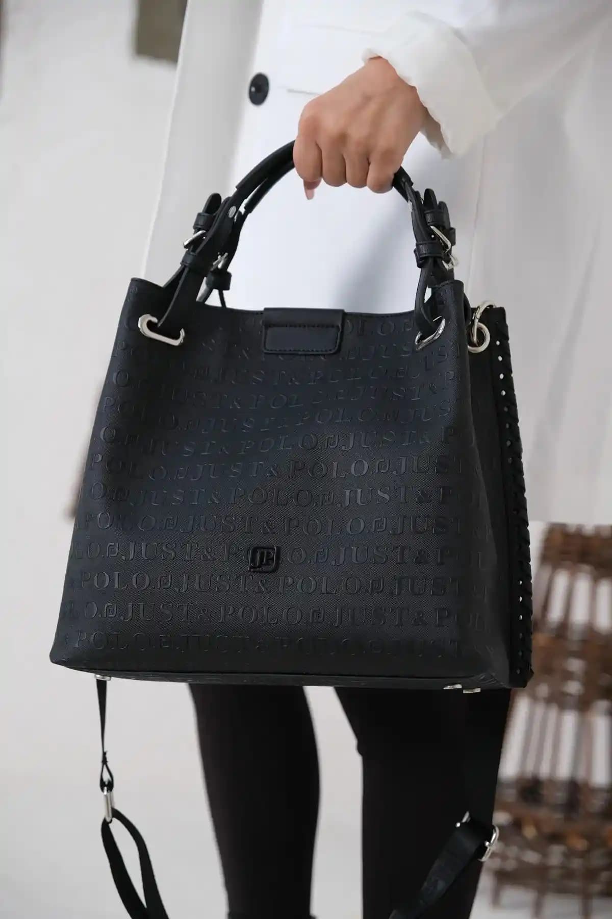 Just Polo Kadın Siyah Örgülü 4 Bölmeli Çanta ve El Çantası Modern ve Şık Tasarım