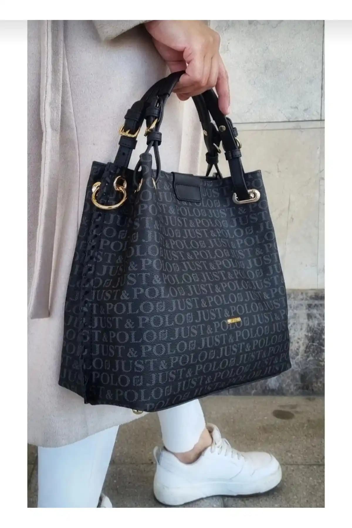 Just Polo Siyah Örgülü 5 Bölmeli El ve Omuz Çantası Günlük Kullanım İçin Uygun