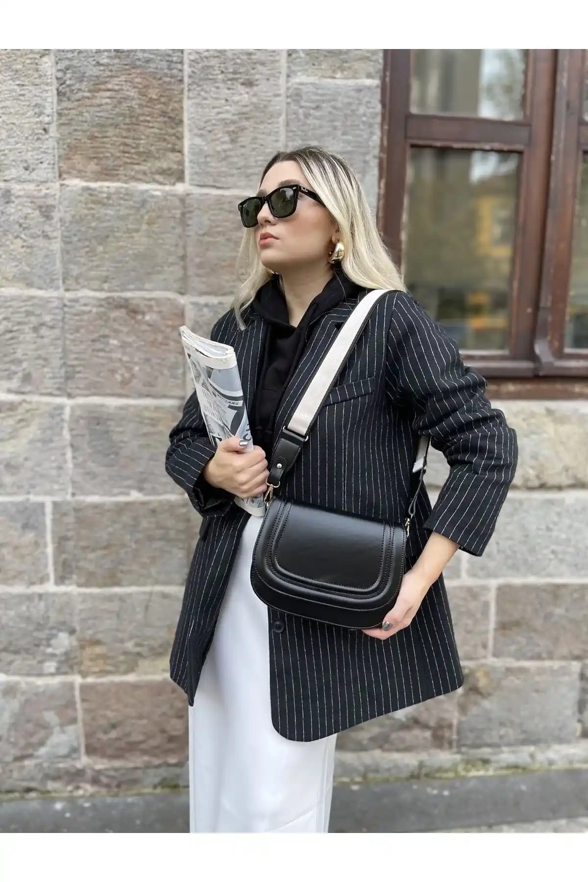Kadın Siyah Çanta Çapraz Askılı, Kalın Askı, Günlük ve Şık Kullanım İçin Tasarlandı