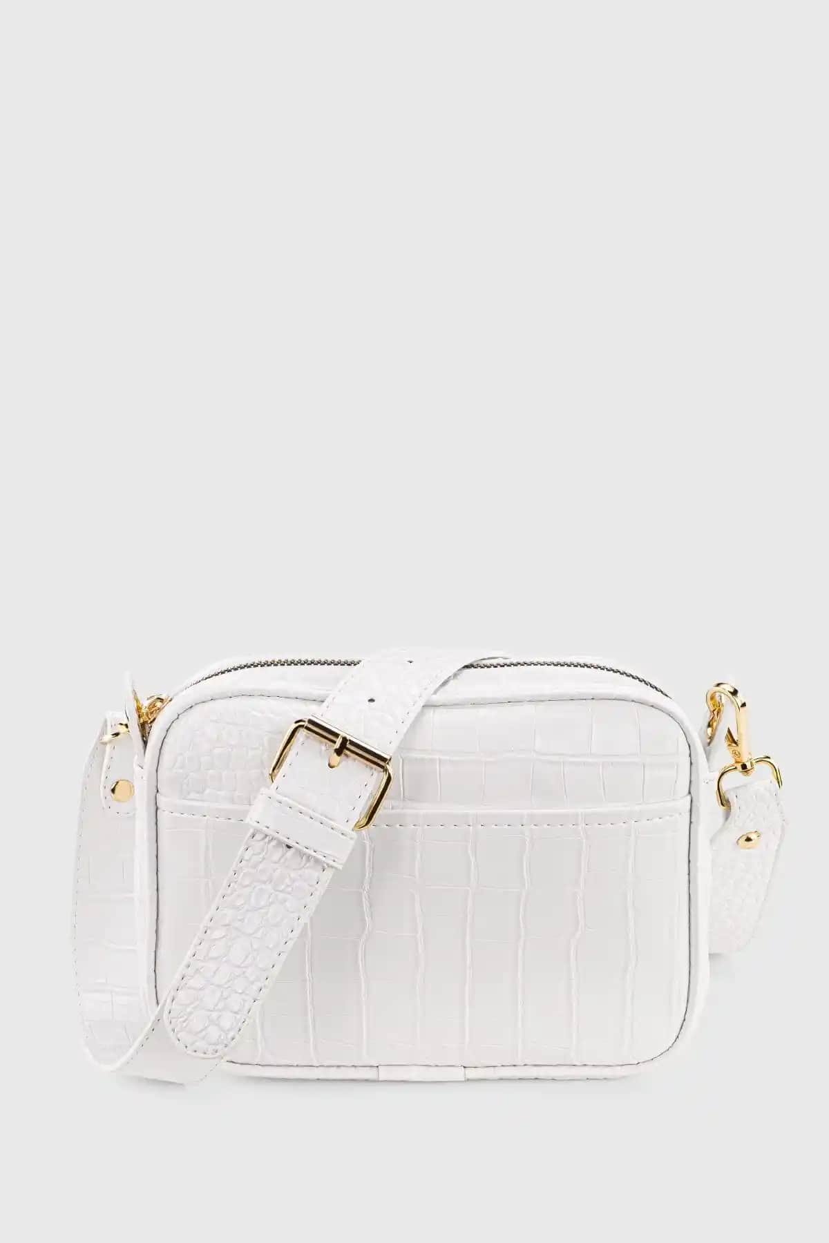 Kadınlar İçin Beyaz Timsah Derisi Görünümlü Çapraz Çanta, Şık ve Dayanıklı Tasarım