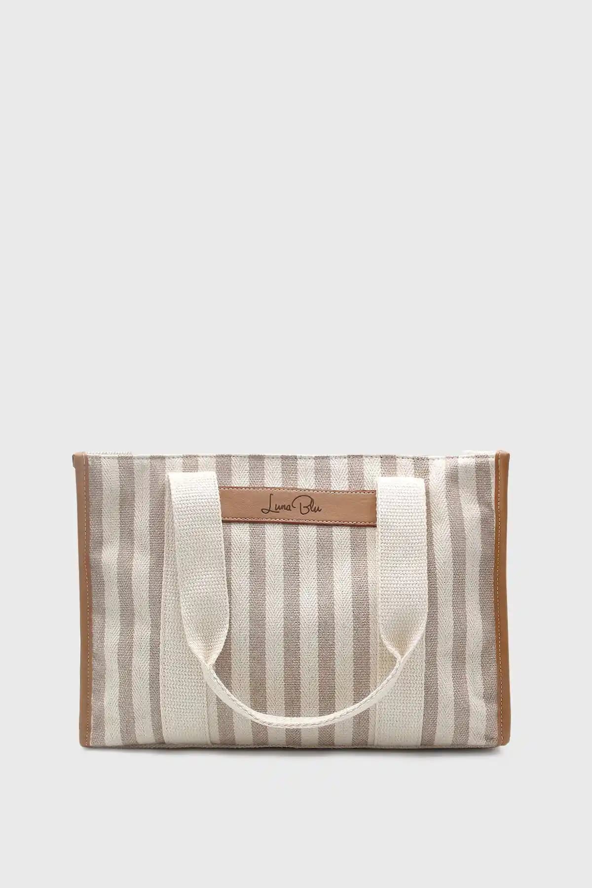LunaBlu Kadın Çizgili Keten Tote Çanta Günlük ve Şık Kullanım İçin Uygun