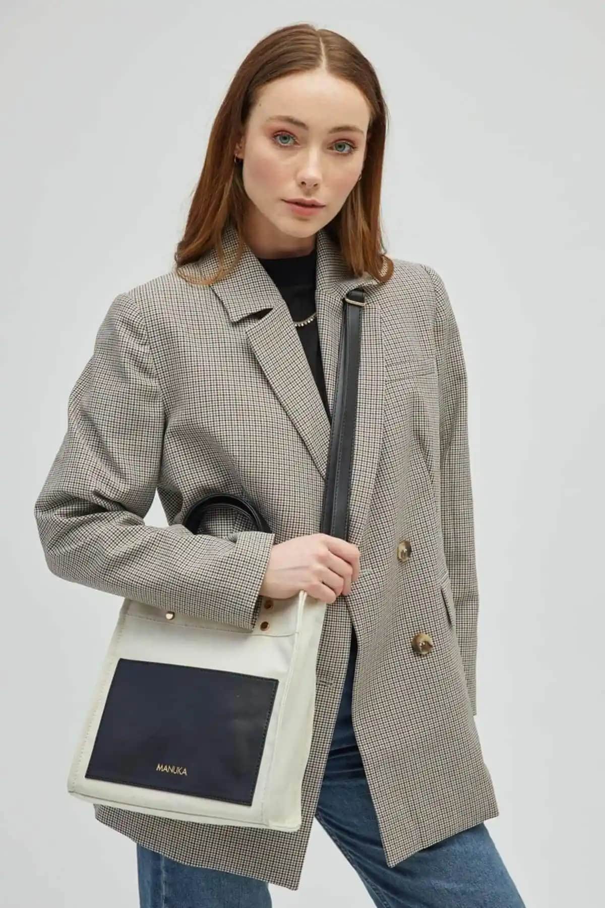 Manuka Kadın Siyah Deri Cepli Kanvas Çanta Günlük ve Şık Kullanım İçin Uygun