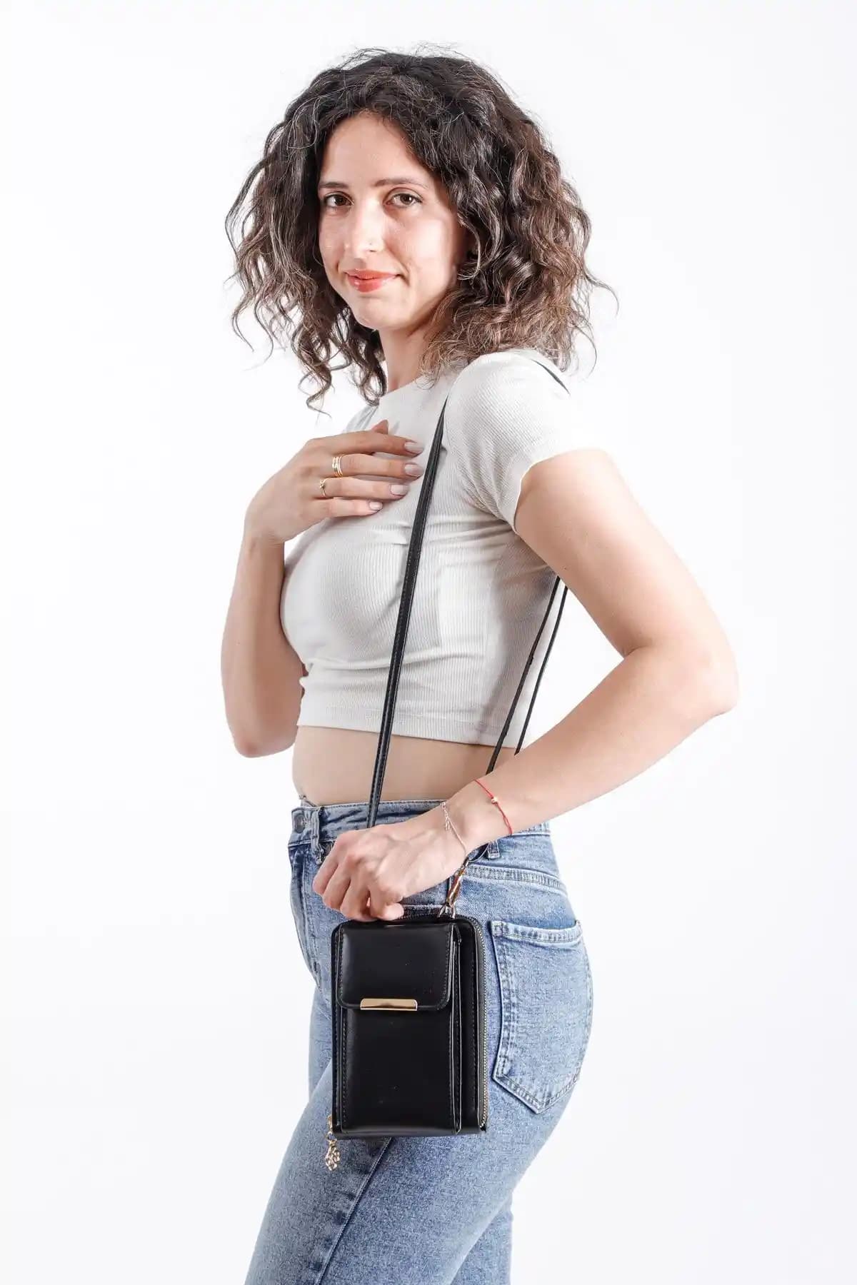 Modvina Siyah Deri Askılı Telefon Bölmeli Kadın Çanta Şık ve Kullanışlı Tasarım