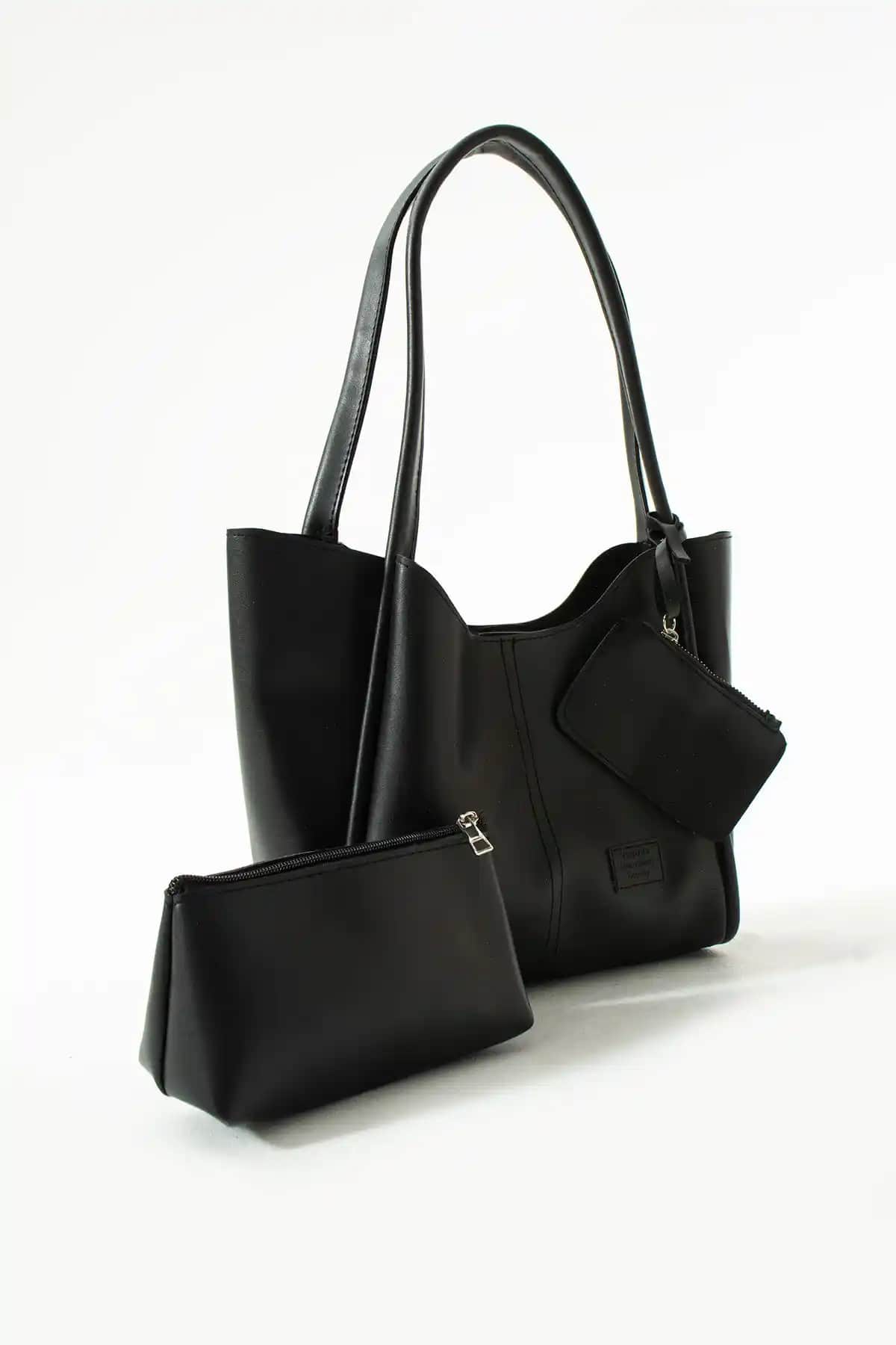 NBİBAGS Siyah Çıtçıtlı Suni Deri Kadın Çantası ve Makyaj Çantası Günlük Kullanım İçin