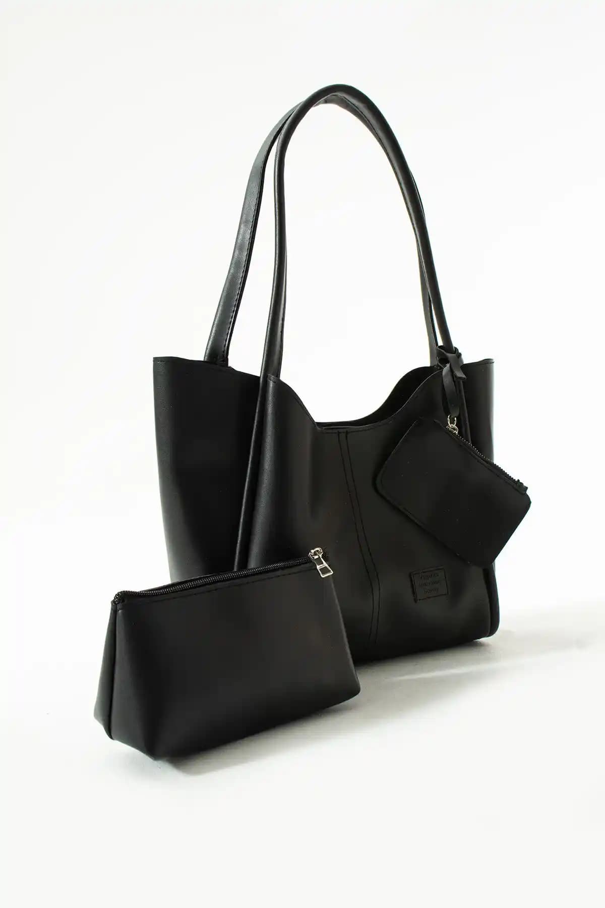 NBİBAGS Siyah Çıtçıtlı Suni Deri Kadın Çantası ve Makyaj Çantası Günlük Kullanım İçin