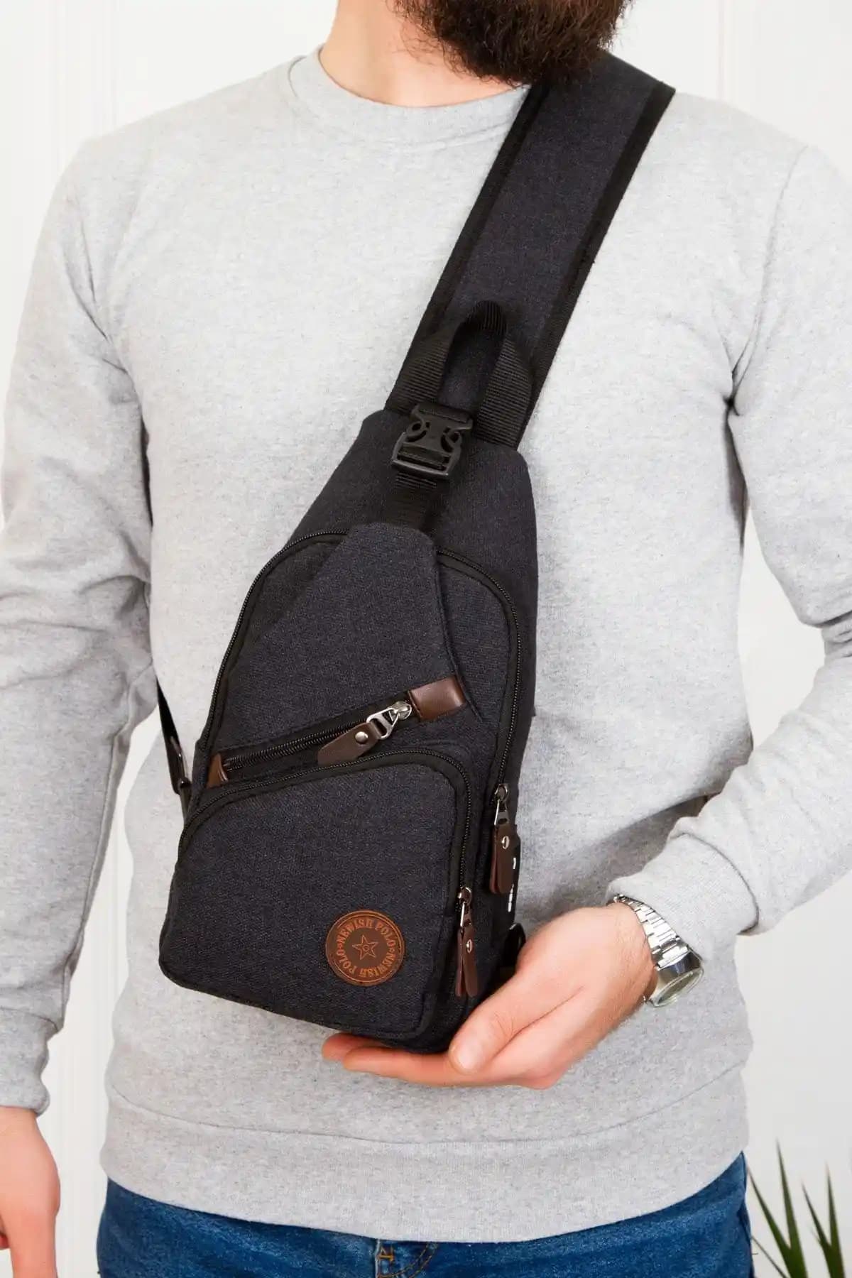 Newish Kanvas Unisex Siyah Çapraz Omuz ve Bel Çantası Günlük Kullanım İçin Uygun