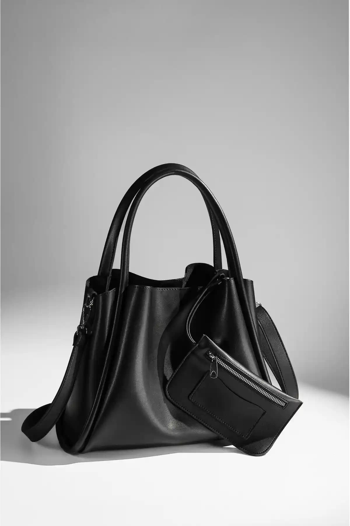 Rimense Kadın Siyah Suni Deri Çanta El ve Omuz Kullanımı İçin Çok Fonksiyonlu Tasarım