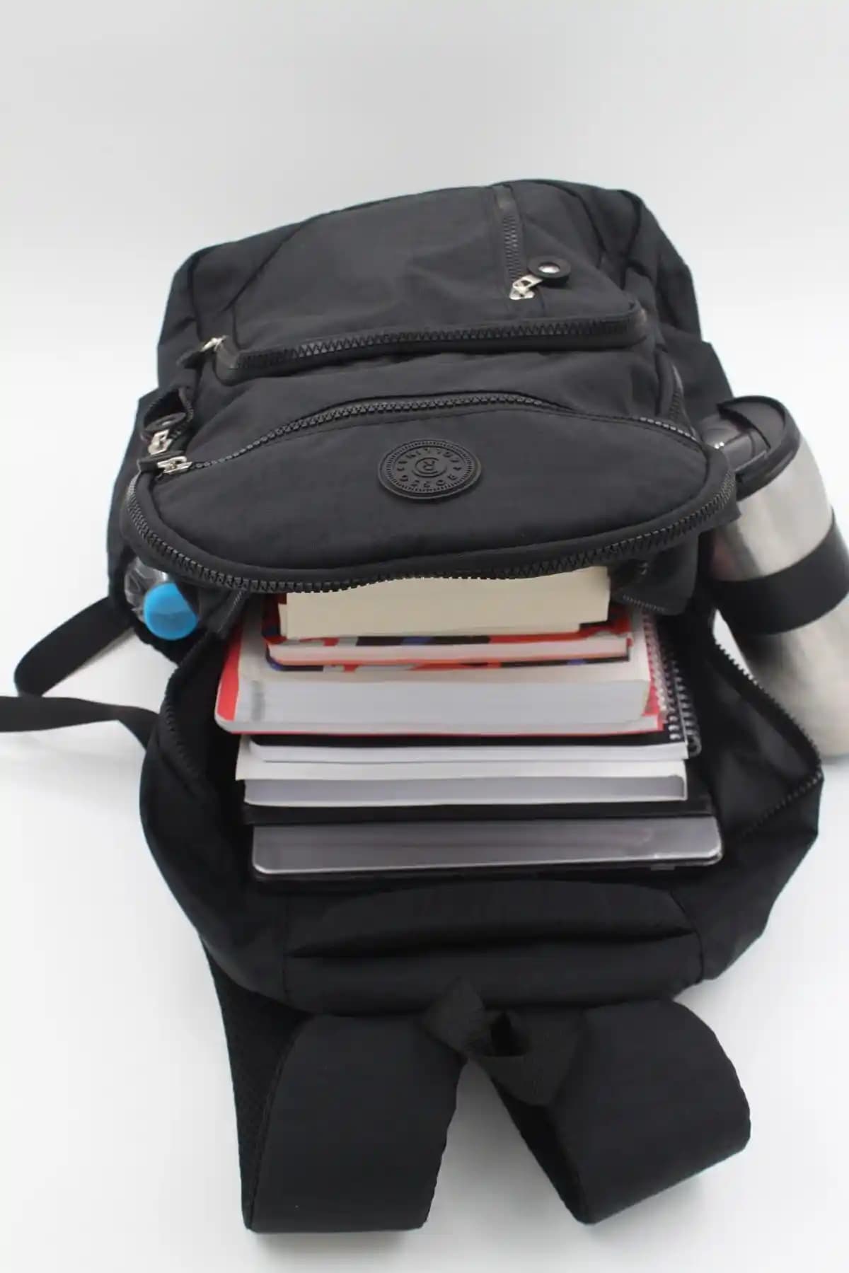 Rosso Collina Unisex Krinkıl Kumaş Su Geçirmez Büyük Boy Çok Gözlü Siyah Seyahat Sırt Çantası