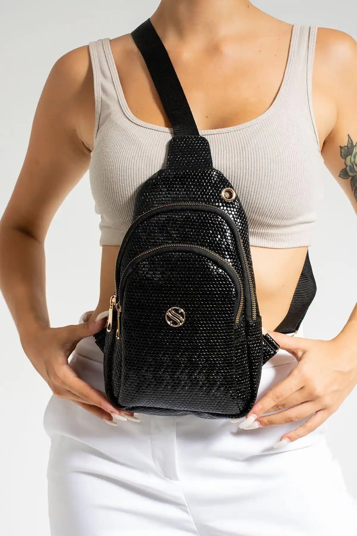 Sanmorris Kadın Siyah Damla Desen Çapraz Askılı Bel ve Göğüs Çantası