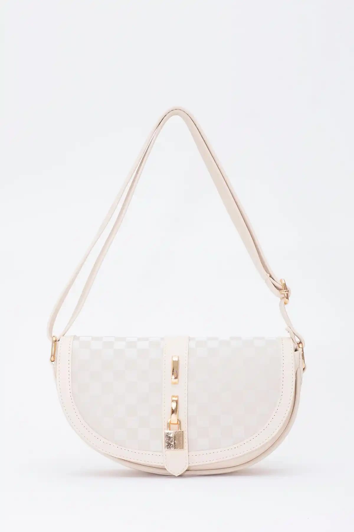 Shaka Kare Desenli Krem Çanta: Şık ve Kullanışlı Yarım Ay Tasarımıyla Günlük Modanın Vazgeçilmezi