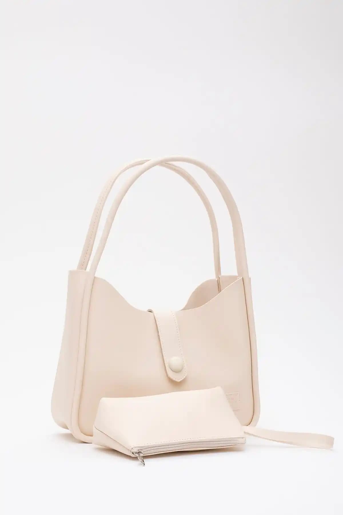 Shaka Krem Renkli Deri Düğme Detaylı Çıtçıtlı Makyaj Çantalı Çok Yönlü Kadın Çantası