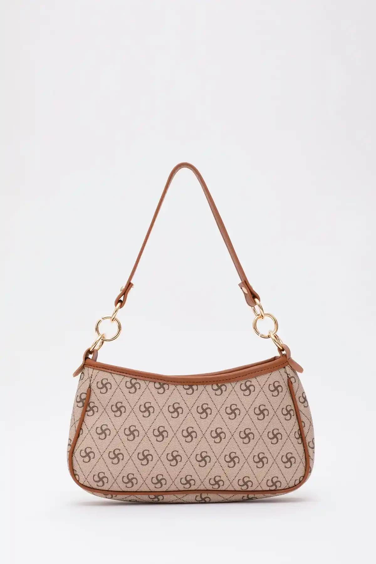 Shaka Monogram Baskılı Vizon/Taba Suni Deri Çanta Günlük Kullanım İçin Şık ve Dayanıklı Tasarım