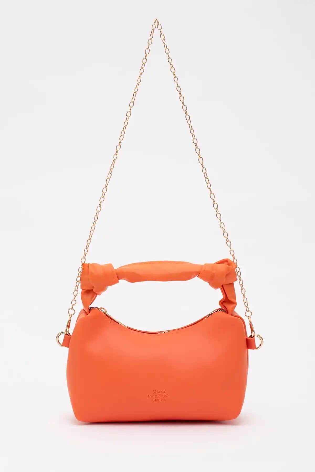 Shaka Turuncu Soft Deri Düğüm Detaylı Zincir Askılı Çanta Günlük ve Şık Kullanım İçin Uygun