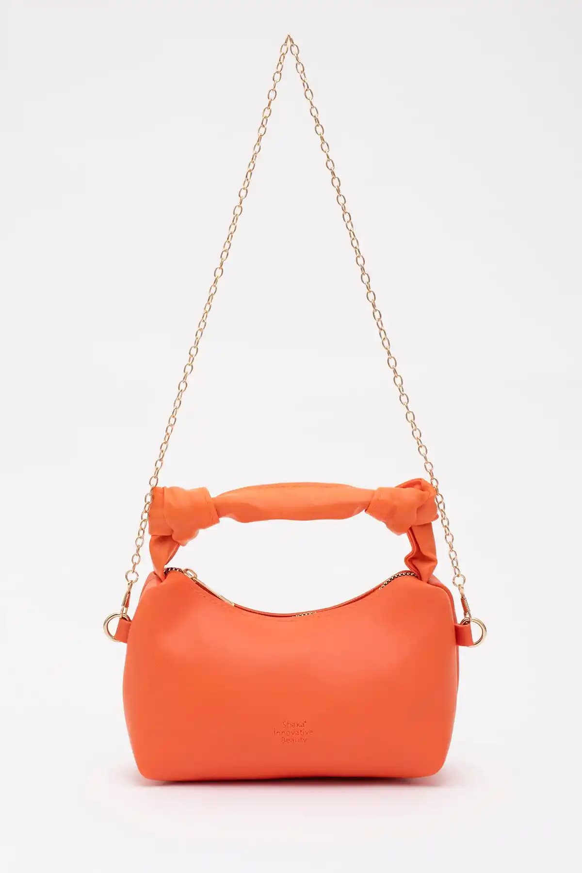 Shaka Turuncu Soft Deri Düğüm Detaylı Zincir Askılı Çanta Günlük ve Şık Kullanım İçin Uygun