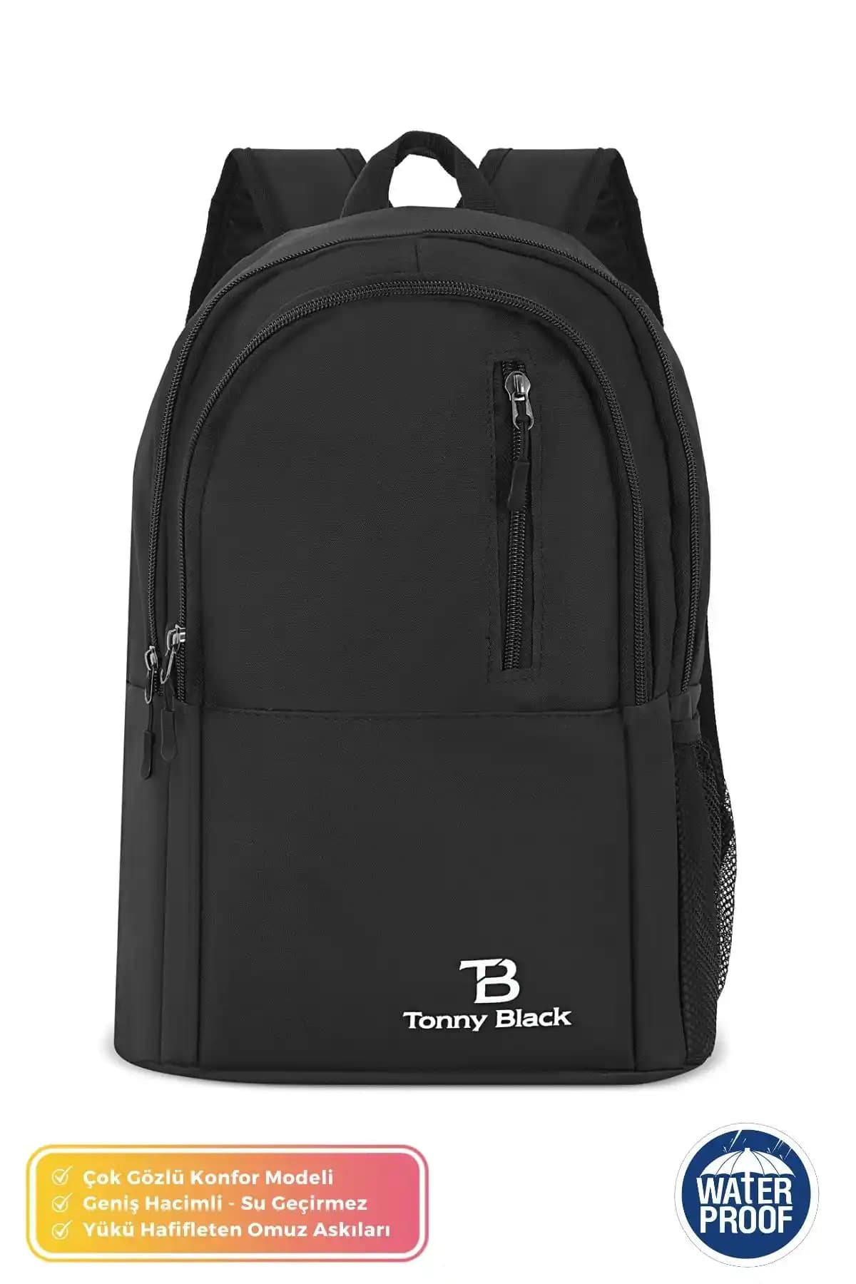 Tonny Black Unisex Geniş Hacimli Su Geçirmez Okul Çantası Çok Gözlü Tasarım